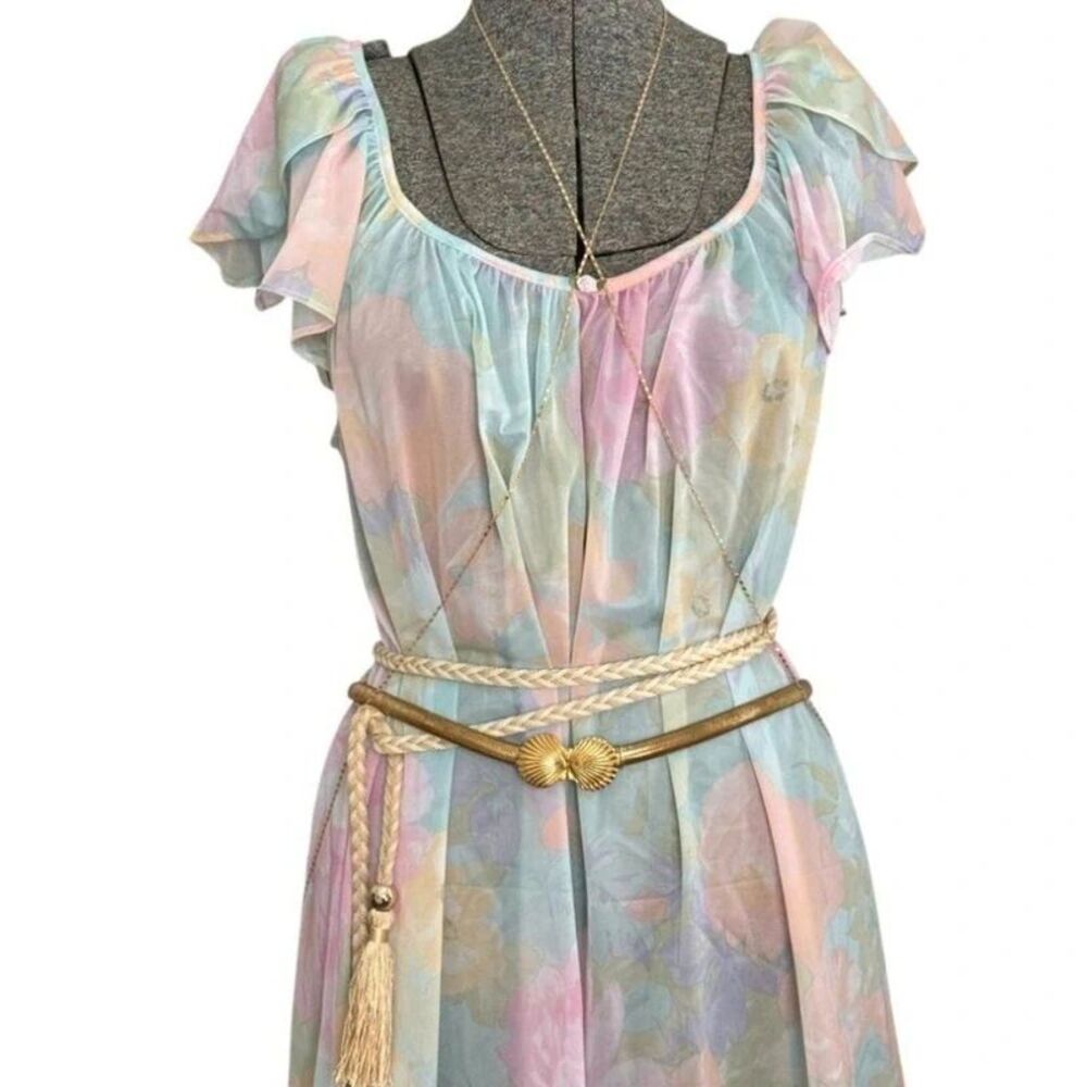 Vintage Silk Essence Pastel Floral Maxi Nightgown Dress Flutter Sleeve Size PM